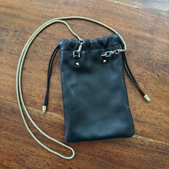 BANDOLIER Drawstring Pouch  & Strap - Top Grain Leather Black/Gold with Strap - Picture 1 of 9
